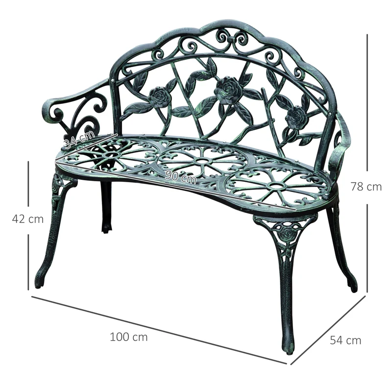 Banc de jardin 2 places néo-rétro 100 x 54 x 78 cm anticorrosion confortable style romantique en fonte d'aluminium vert 21_0000065
