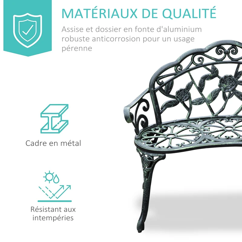 Banc de jardin 2 places néo-rétro 100 x 54 x 78 cm anticorrosion confortable style romantique en fonte d'aluminium vert 21_0000065
