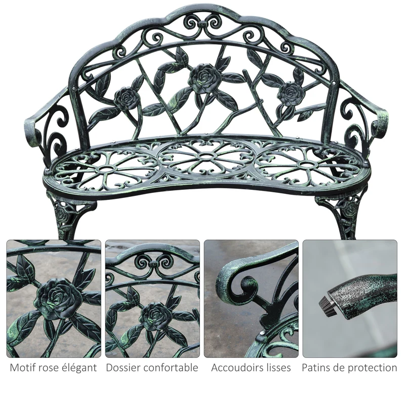 Banc de jardin 2 places néo-rétro 100 x 54 x 78 cm anticorrosion confortable style romantique en fonte d'aluminium vert 21_0000065