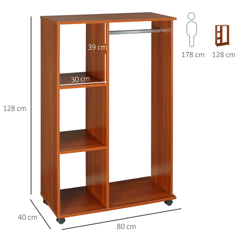 Armoire penderie mobile 80 x 40 x 128 cm étagère 3 casiers roues verrouillables épuré en panneau de particules noyer 21_0000084