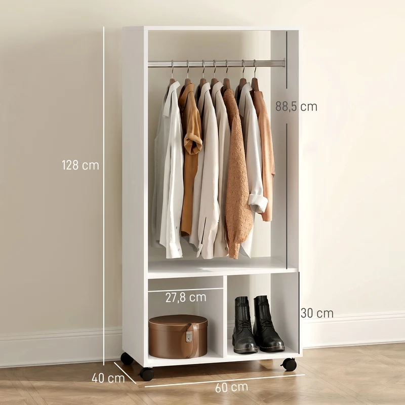 Armoire penderie compacte 60 x 40 x 128 cm étagère intégrée roulettes frein montage style moderne en mélaminé blanc 21_0000083