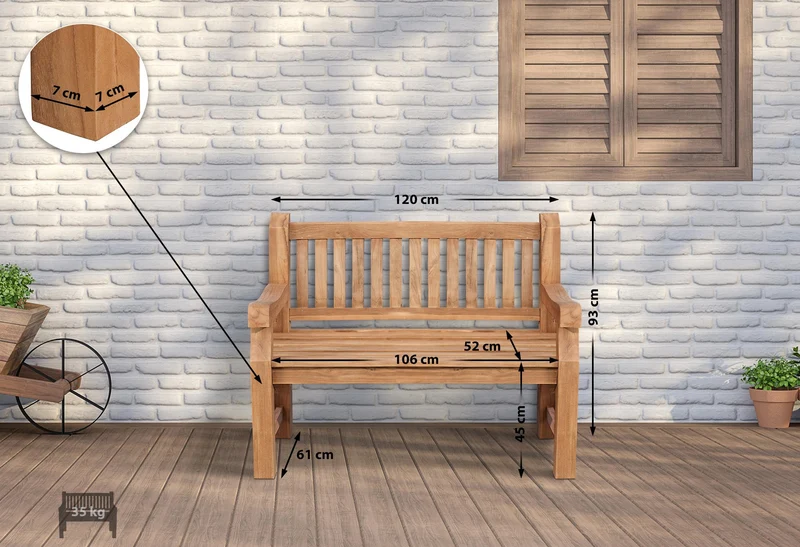 Banc de jardin dossier à lattes droites 120 cm en bois de teck avec accoudoirs 10_0007970
