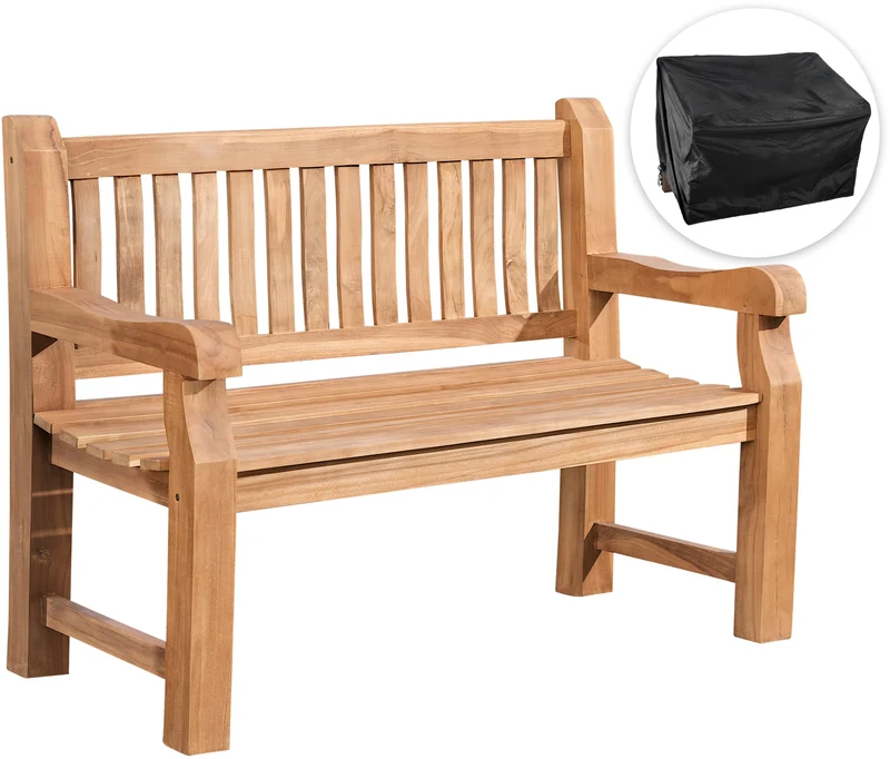 Banc de jardin dossier à lattes droites 120 cm en bois de teck avec accoudoirs et housse de protection incluse 10_0007967