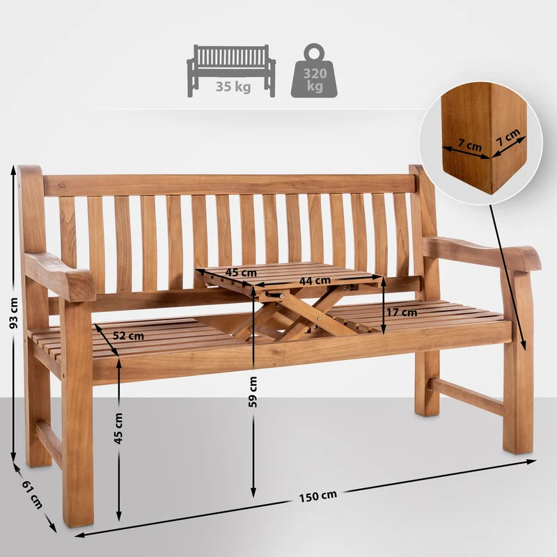 Banc de jardin avec accoudoirs dossier à lattes verticales 150 cm en bois de teck avec table rabattable centrale – 2 places 10_0007931