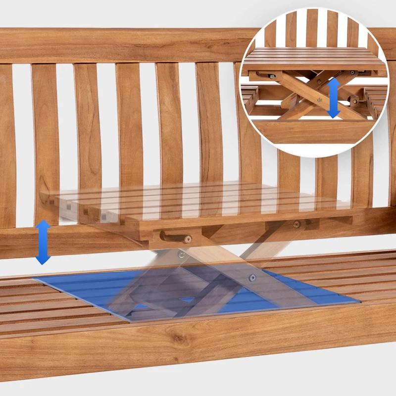 Banc de jardin avec accoudoirs dossier à lattes verticales 150 cm en bois de teck avec table rabattable centrale – 2 places 10_0007931