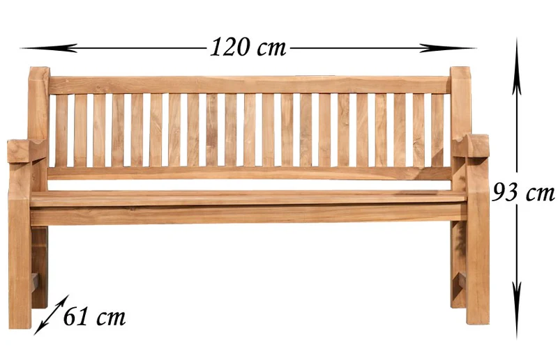 Banc de jardin dossier à lattes droites 120 cm en bois de teck avec accoudoirs 10_0007966