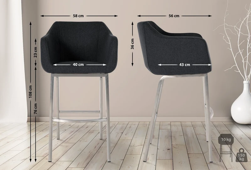 Tabouret de bar chaise haute x1 recouvert de feutrine anthracite avec piètement à quatre pieds en acier inoxydable 10_0005237