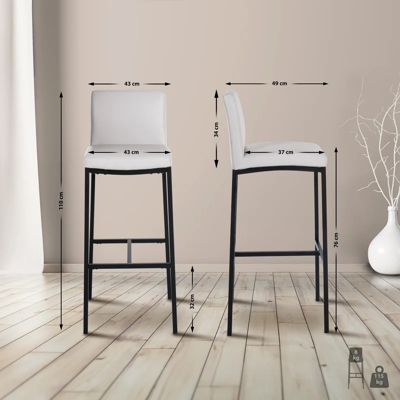 Tabouret de bar x1 design épuré et contemporain en PVC blanc cadre à quatre pieds en métal noir 10_0006268