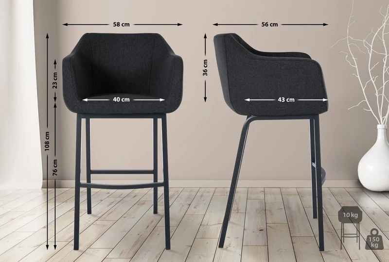 Tabouret de bar chaise haute x1 recouvert de feutrine anthracite avec piètement à quatre pieds en métal noir 10_0005234