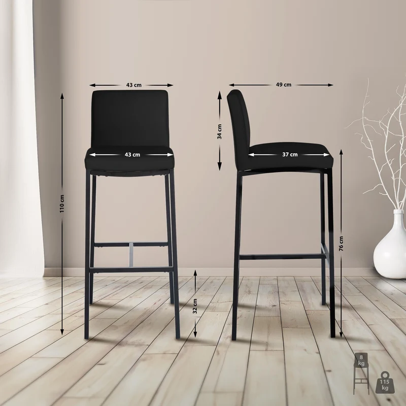 Lot de 2 tabourets de bar design épuré et contemporain en PVC noir cadre à quatre pieds en métal noir 10_0006417