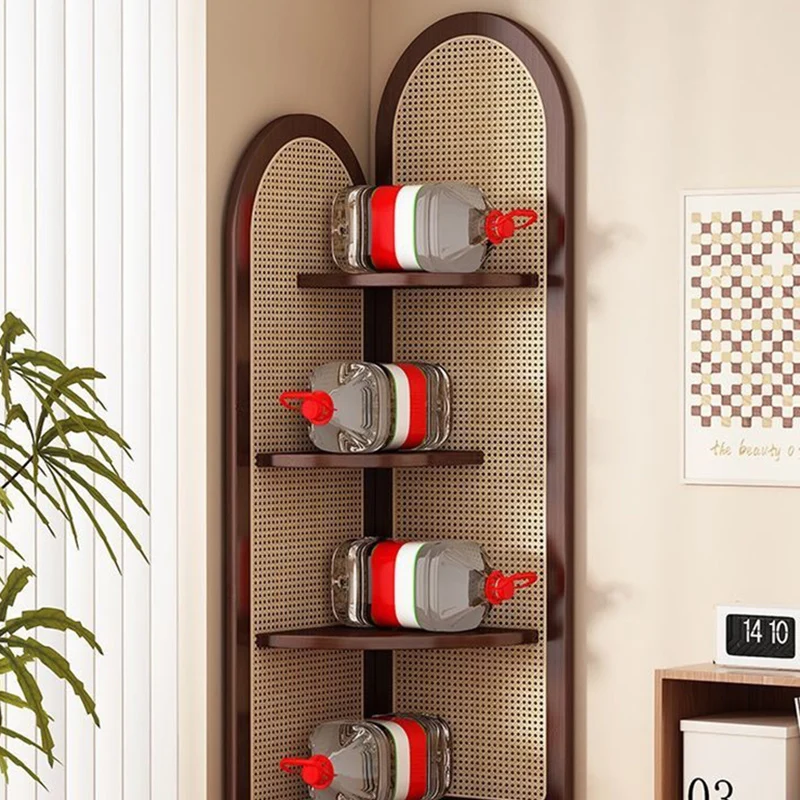 Traditional Chinese Fan-shaped Curved Nan Bamboo Rattan Weaving Corner Shelf Unit 4-Tier For Living Room