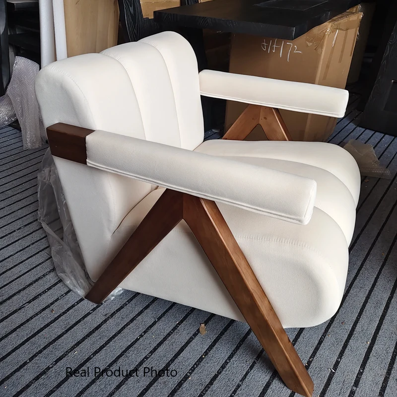 Contemporary Creative Velvet Pine Wood V-Leg Wavy Square Accent Chair With Backrest Armrests For Living Room