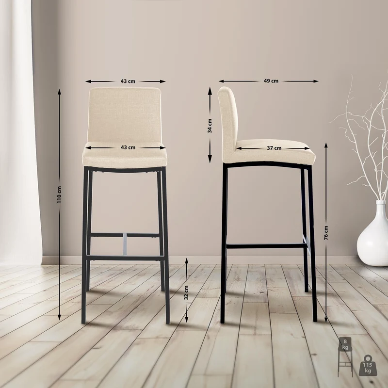 Lot de 2 tabourets de bar design épuré et contemporain en tissu crème cadre à quatre pieds en métal noir 10_0006538