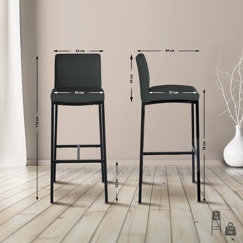 Lot de 2 tabourets de bar design épuré et contemporain en PVC gris foncé cadre à quatre pieds en métal noir 10_0006763