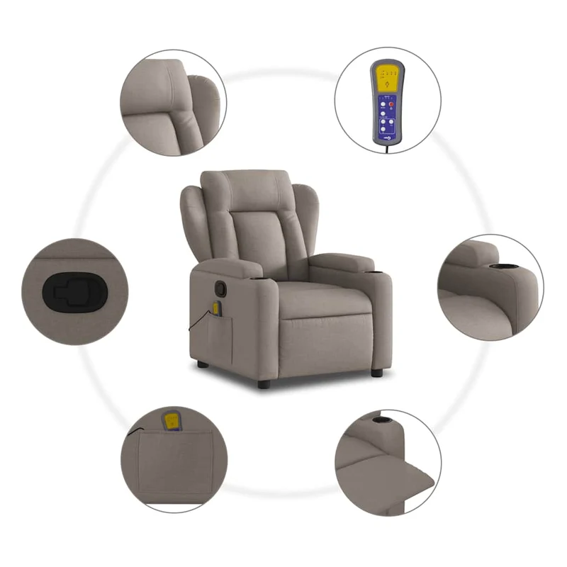 Fauteuil de relaxation TV fonction massage inclinable 6 points de massage en tissu taupe DEC027111