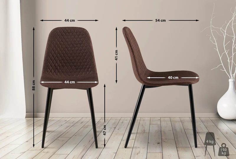 Chaise de salle à manger x1 coutures décoratives losanges assise en tissu marron pieds métal noir mat 10_0007558