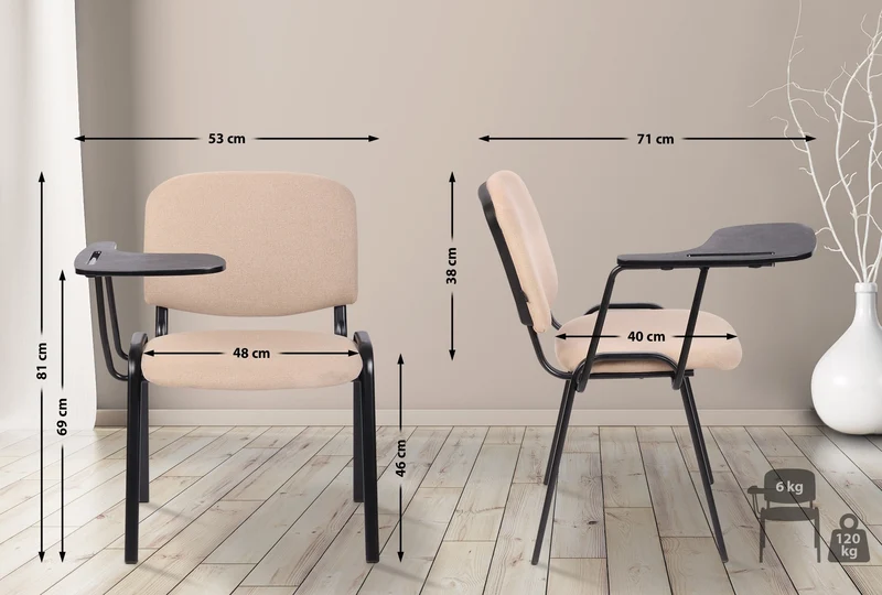 Chaise visiteur zone d'attente avec une petite table rabattable en tissu crème piètement à 4 pieds en métal 10_0007112