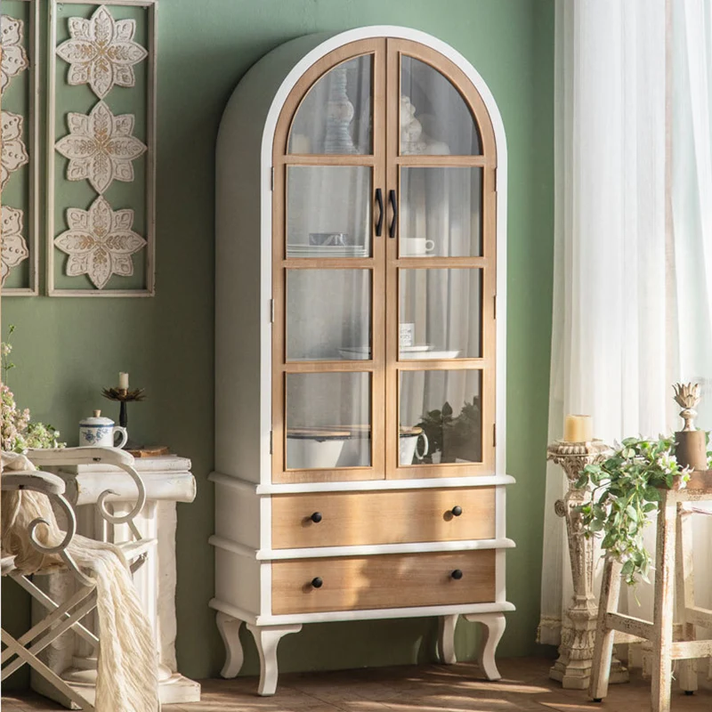 Traditional French Rectangular Medium Density Fiberboard Tempered Glass Fir Wood Storage Cabinet 2-Drawer For Living Room