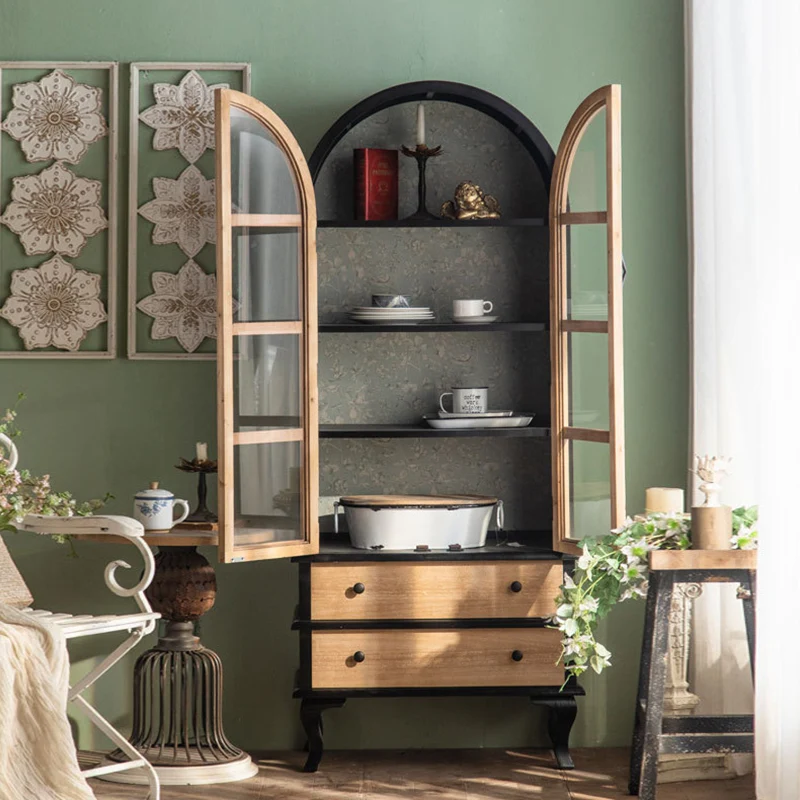 Traditional French Rectangular Medium Density Fiberboard Tempered Glass Fir Wood Storage Cabinet 2-Drawer For Living Room