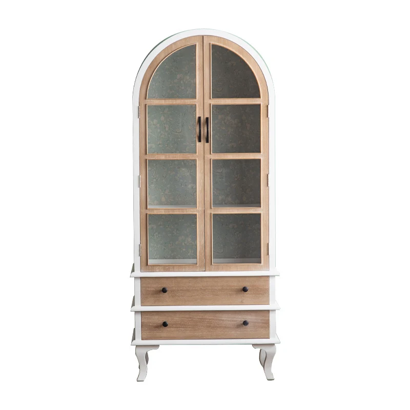 Traditional French Rectangular Medium Density Fiberboard Tempered Glass Fir Wood Storage Cabinet 2-Drawer For Living Room