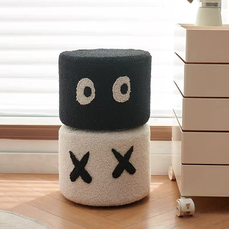 Modern Minimalist Round Lamb Fleece Pine Wood Cotton Fabric Removable Cartoon Low Stool For Living Room