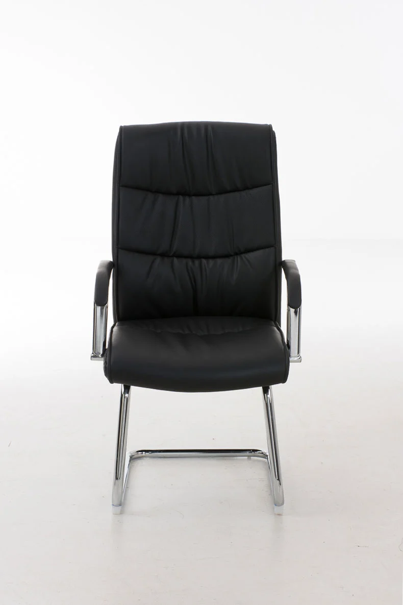 Fauteuil de bureau sans roulettes avec accoudoirs dossier haut en PVC noir pied en métal chromé 10_0001896