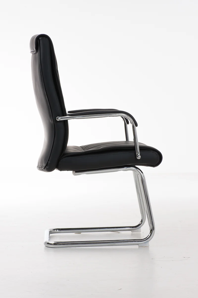 Fauteuil de bureau sans roulettes avec accoudoirs dossier haut en PVC noir pied en métal chromé 10_0001896