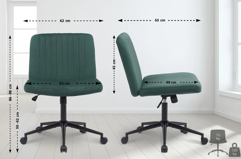 Chaise de bureau contemporaine surpiqûres verticale en velours vert réglable en hauteur et rotatif à 360 degrés 10_0007046