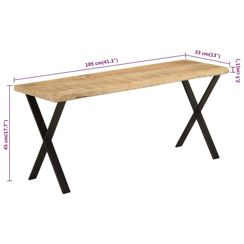 Banquette banc design rustique 105 cm bois de manguier massif brun pieds en forme de X en acier DEC024626