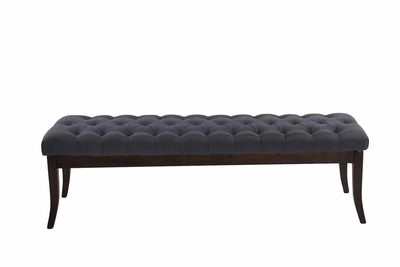 Banc avec assise en tissu noir rembourrée capitonné 150 cm style Chesterfield pieds bois foncé BAN10068