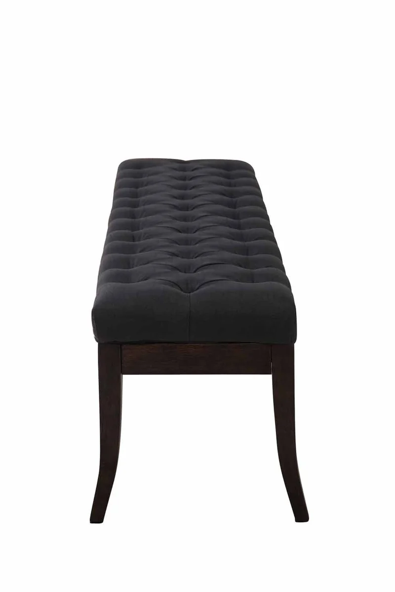Banc avec assise en tissu noir rembourrée capitonné 150 cm style Chesterfield pieds bois foncé BAN10068