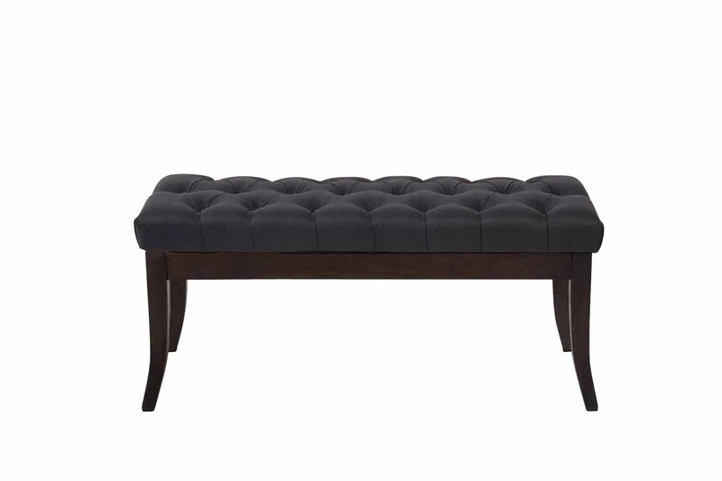 Banc avec assise en tissu noir rembourrée capitonné 100 cm style Chesterfield pieds bois foncé BAN10054