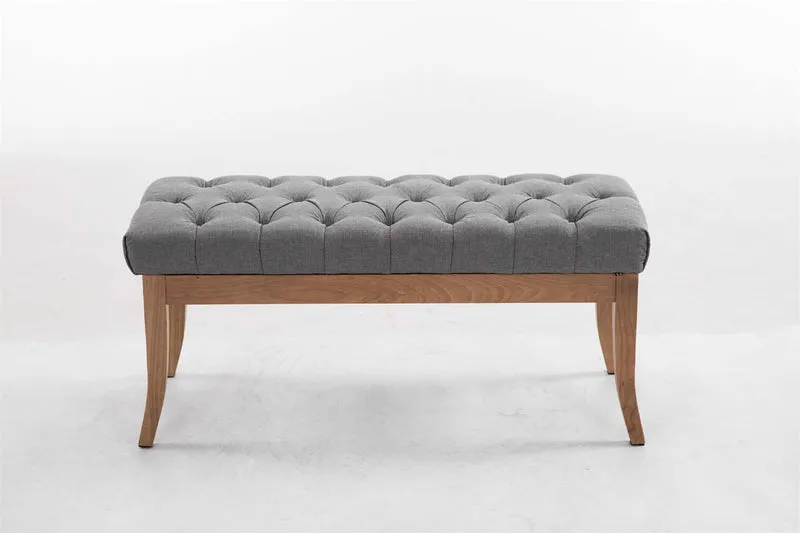 Banc design Chesterfield 100 cm avec coutures décoratives tissu gris piétement en bois clair 10_0003692