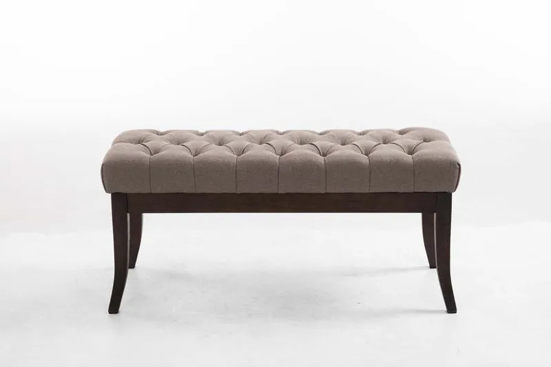 Banc design Chesterfield 100 cm avec coutures décoratives tissu taupe piétement en bois foncé 10_0003685
