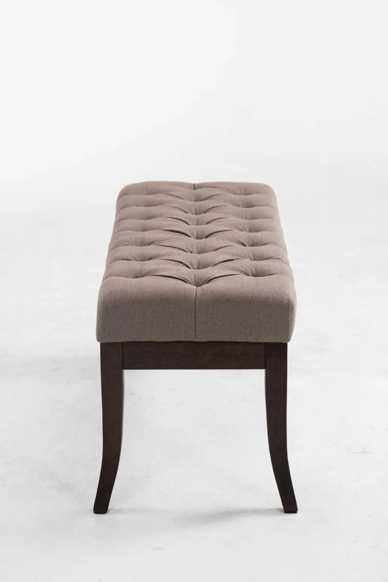 Banc design Chesterfield 100 cm avec coutures décoratives tissu taupe piétement en bois foncé 10_0003685