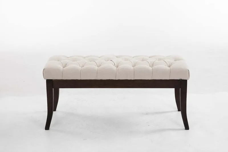 Banc design Chesterfield 100 cm avec coutures décoratives tissu crème piétement en bois foncé 10_0003682