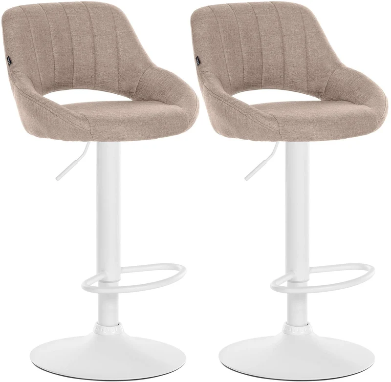 Lot de 2 tabourets de bar réglables en tissu taupe dossier ajouré et pied métal blanc 10_0005582