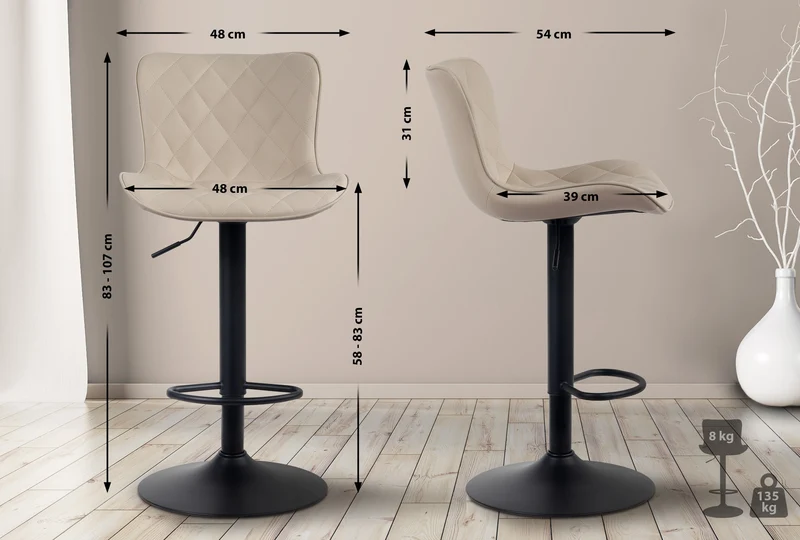 Tabouret de bar x1 coutures décoratives pied trompette hauteur réglable en métal noir assise en PVC crème 10_0004857