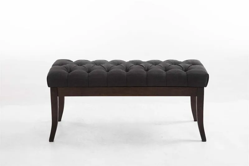 Banc design Chesterfield 100 cm avec coutures décoratives tissu gris foncé piétement en bois foncé 10_0003683