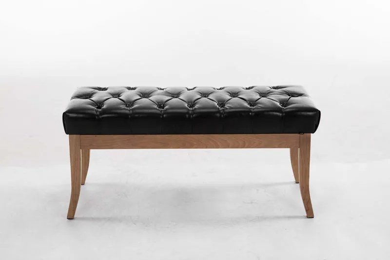 Banc design Chesterfield 100 cm avec coutures décoratives PVC noir piétement en bois clair 10_0003677