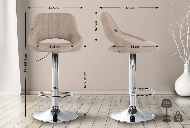 Lot de 2 tabourets de bar avec repose-pieds pivotant et réglable en tissu taupe et métal TDB10811