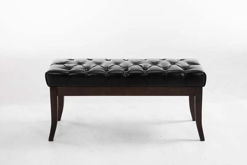 Banc design Chesterfield 100 cm avec coutures décoratives PVC noir piétement en bois foncé 10_0003670