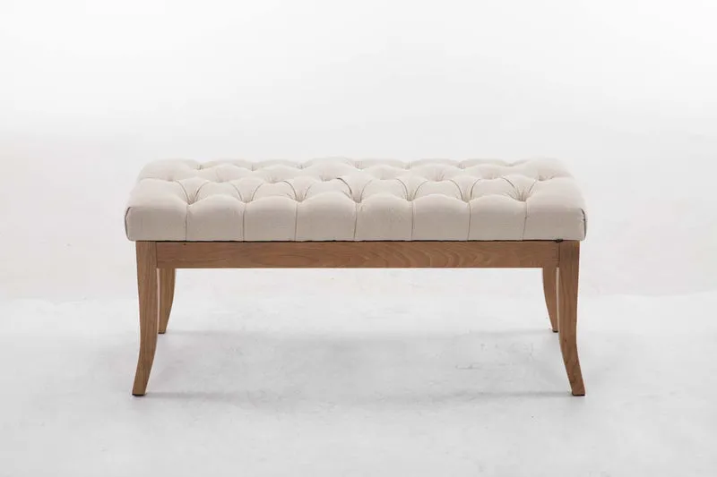 Banc design Chesterfield 100 cm avec coutures décoratives tissu crème piétement en bois clair 10_0003690