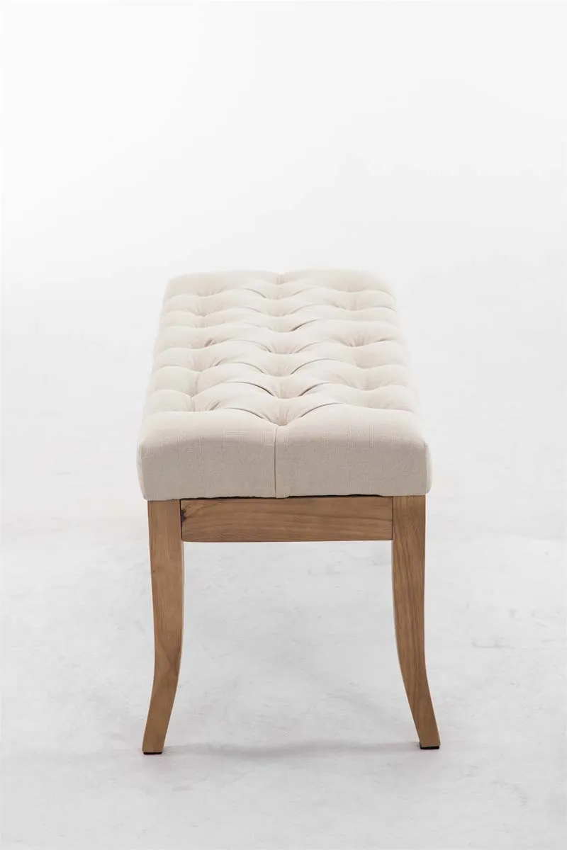 Banc design Chesterfield 100 cm avec coutures décoratives tissu crème piétement en bois clair 10_0003690