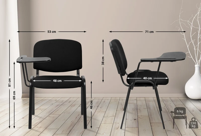 Chaise de bureau avec table rabattable assise et dossier rembourrés en tissu noir et métal noir mat BUR10708