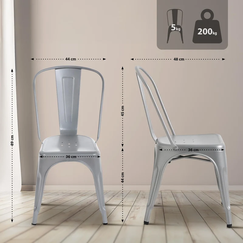 Lot de 4 chaises de salle à manger empilable avec dossier style industriel en métal argenté 10_0006870