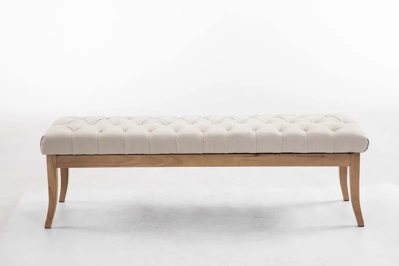 Banc design Chesterfield 150 cm avec coutures décoratives tissu crème piétement en bois clair 10_0003698
