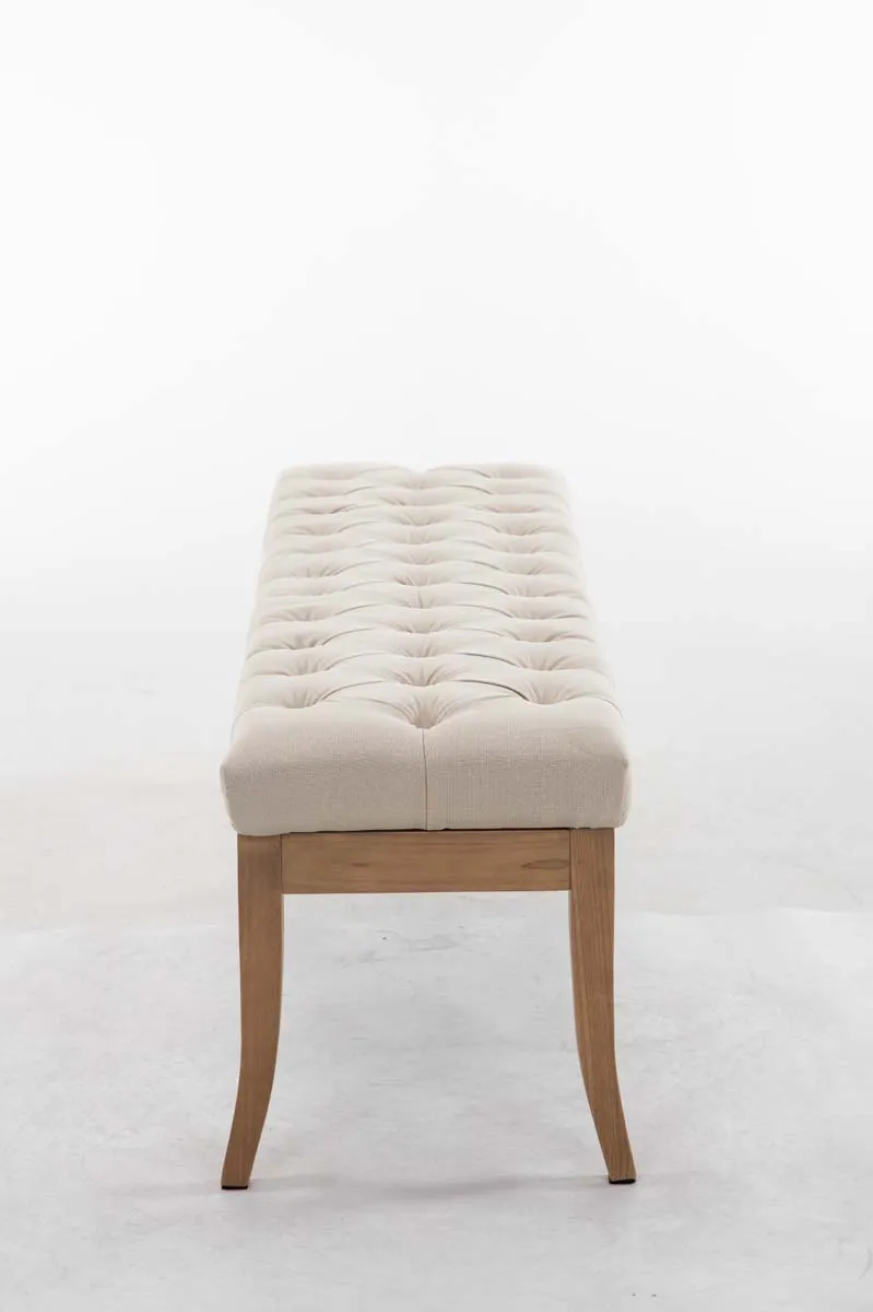 Banc design Chesterfield 150 cm avec coutures décoratives tissu crème piétement en bois clair 10_0003698