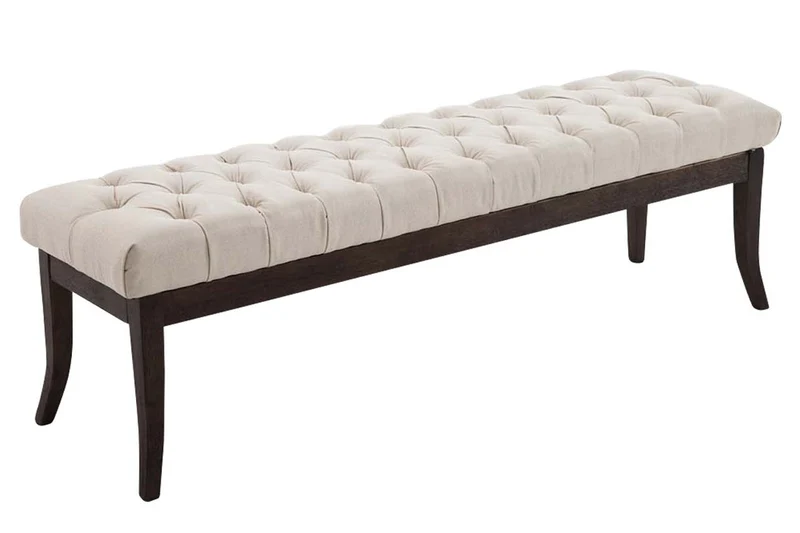 Banc design Chesterfield 150 cm avec coutures décoratives tissu crème piétement en bois foncé 10_0003687