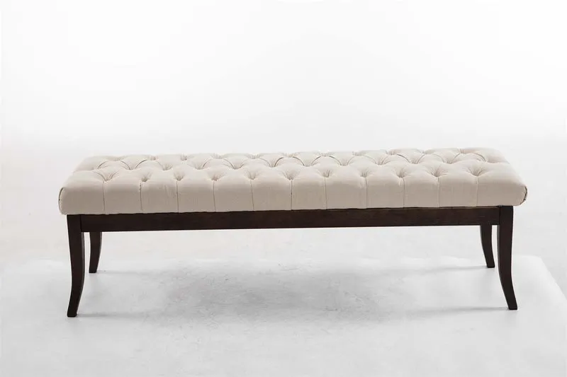 Banc design Chesterfield 150 cm avec coutures décoratives tissu crème piétement en bois foncé 10_0003687